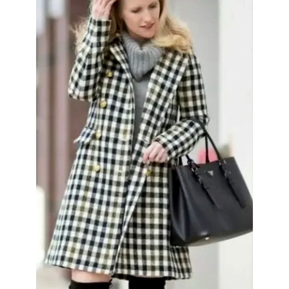 J.Crew Women Wool Buffalo Check Plaid Double Breasted Gold Button Coat Black - Picture 13 of 15